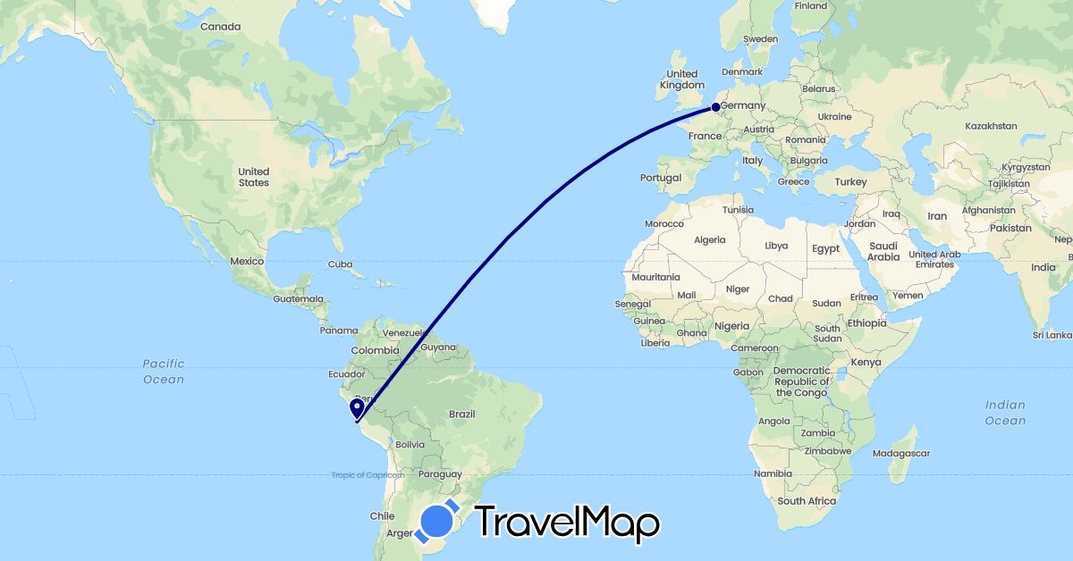TravelMap itinerary: driving in Belgium, Peru (Europe, South America)